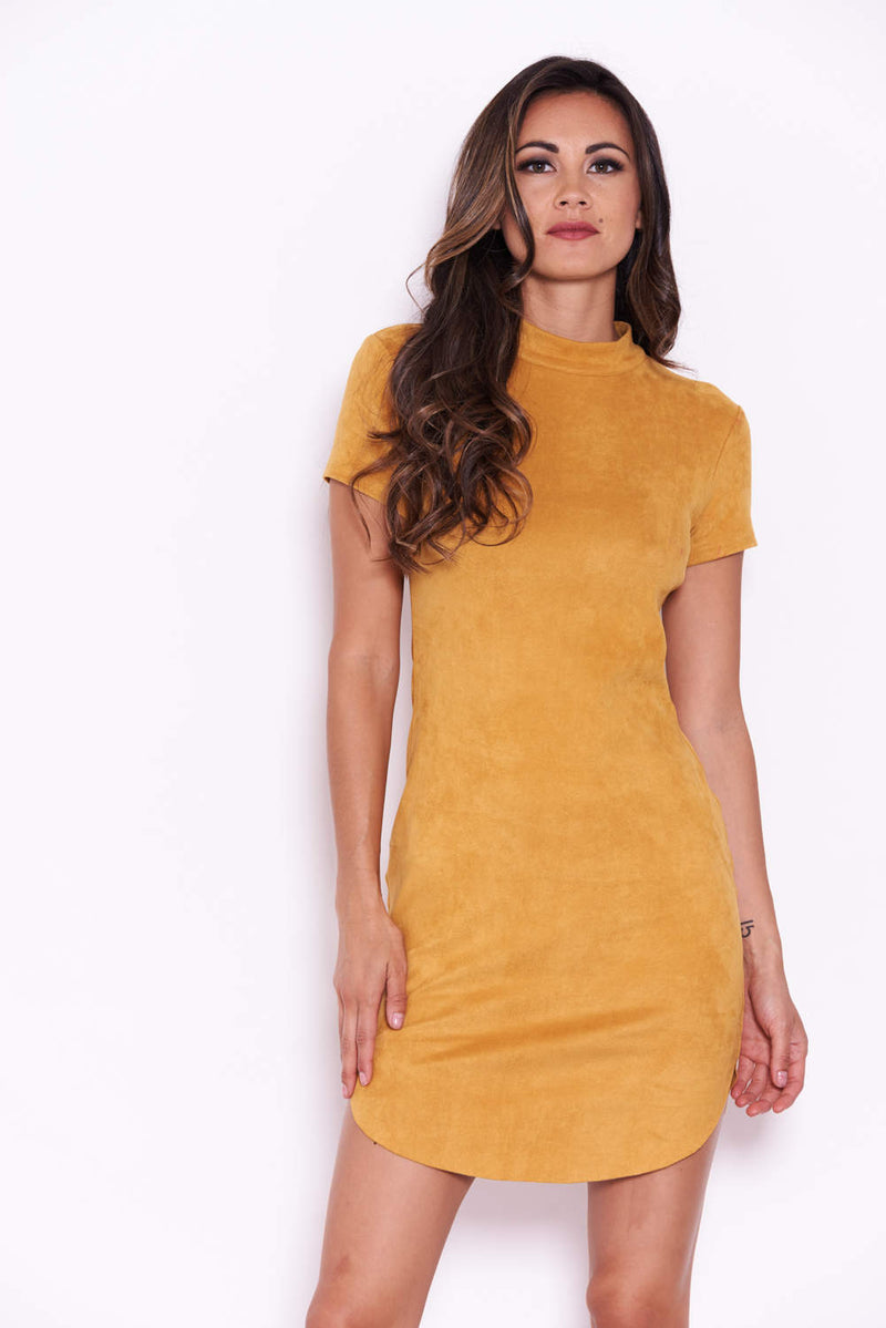Mustard Faux Suede Mini Dress with High ...